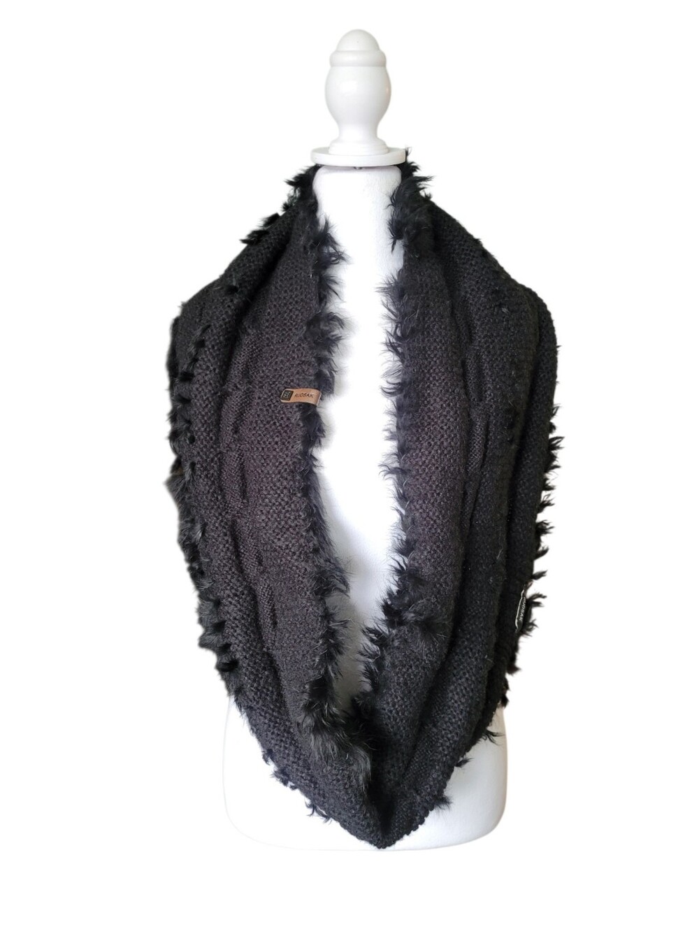 RUDSAK Rabbit Fur Trim Cable Knit Infinity Scarf Black